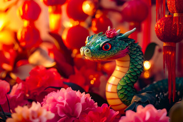 Fototapeta premium A green dragon figurine sitting on top of a pile of flowers