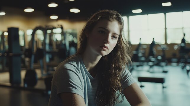 Young Woman Reflecting on Fitness Goals Amidst Gym Activity and Lifestyle Choices