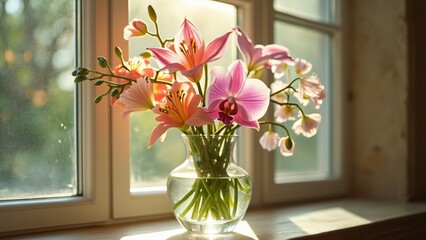 Beautiful Pink and Orange Flowers in Glass Vase near Window