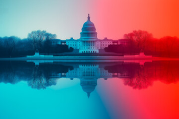 US Capitol Building Reflection with Dramatic Red and Blue Color Split, Washington DC Political Concept