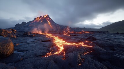 Eruption of a Volcano: Fiery Lava Flowing Down a Mountainside