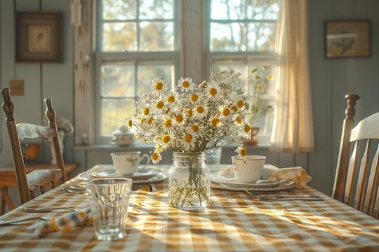 Chic farmhouse dining table with delicate daisy bouquet in a glass jar, rustic ceramic tableware, sunlight streaming through windows, cozy and inviting rural decor, flat lay composition

