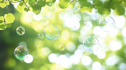   A few bubbles floats on tree, blurry green