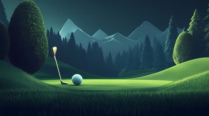 Golf club and ball positioned on a lush green fairway, ready for the perfect swing, featuring ample copy space for marketing and design applications. Nightspire. Illustration