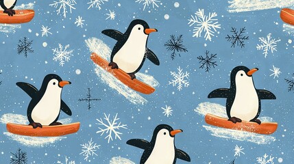 Obraz premium A penguin on a surfboard amidst snowfall against a blue backdrop with flurries of snowflakes