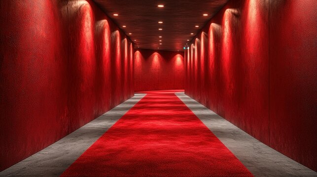 Red carpet hallway with lights, elegant interior design.