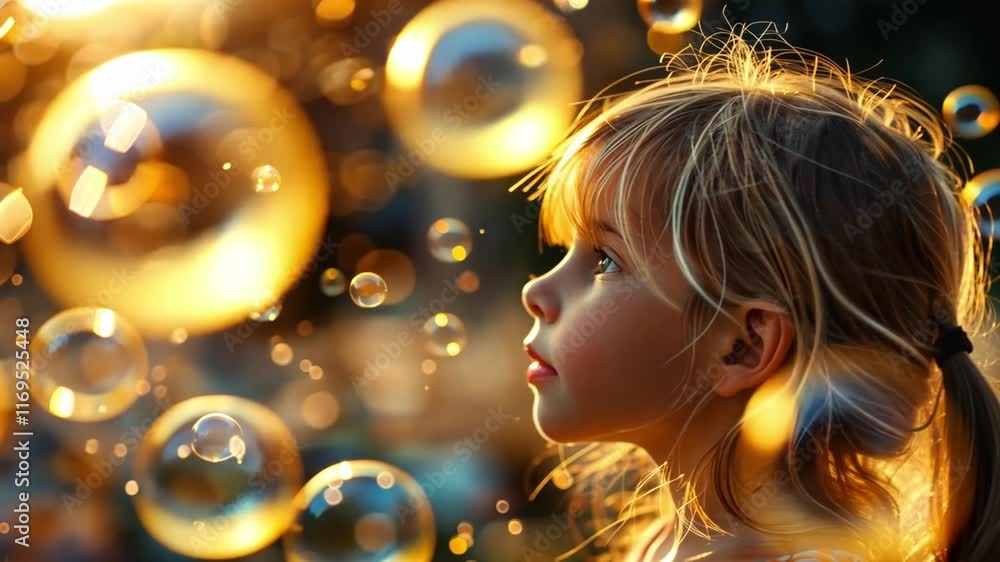 Poster a young child gazes in awe at the glistening bubbles floating around her, illuminated by the soft gl