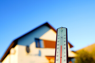 Thermometer for measuring outdoor air temperature. Weather in season on fahrenheit. Meteorological...