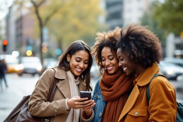 Fototapeta premium Multiethnic colleagues looking at phone on city street