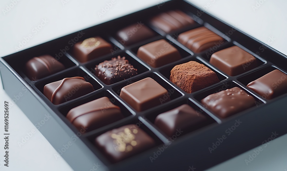 Poster a box of assorted chocolates arranged neatly for gifting or indulgence.