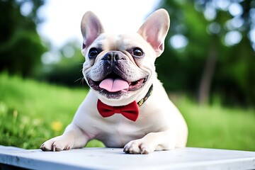 A cheerful French Bulldog wearing a red bow tie, lounging outdoors in a green setting.