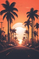 Vibrant sunset along palm-lined street, silhouettes of trees framing picturesque view, warm colors reflecting on cars, perfect for travel and lifestyle themes, evoking relaxation and adventure vibes.