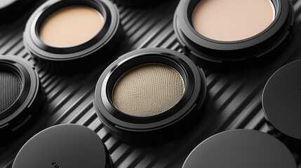 Collection of makeup compacts in beige and black tones, round containers with smooth textures, arranged on a ribbed black surface, professional beauty products, flat lay composition

