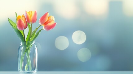   A vase with pink and yellow tulips, clear background