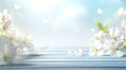 Cherry Blossoms on a Blue Wooden Background - Soft and Rustic Floral Beauty