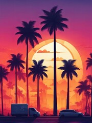 Vibrant sunset along palm-lined street, silhouettes of trees framing picturesque view, warm colors reflecting on cars, perfect for travel and lifestyle themes, evoking relaxation and adventure vibes.