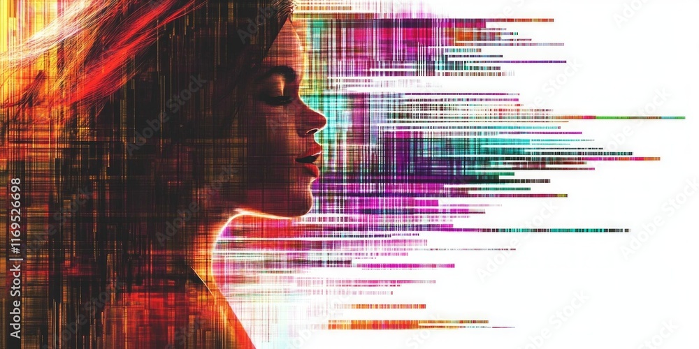 Poster heart-shaped glitch effect creating a vibrant digital design with colorful stripes and abstract patt