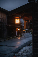 japanese temple in the night, mountain village