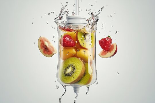 Slices of fruit in a saline bag placed in water against a backdrop