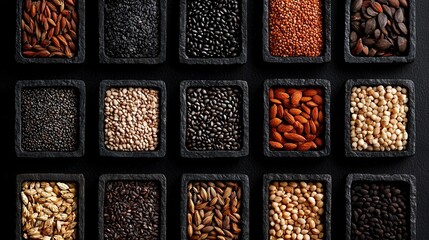   Various seeds arranged in small trays on a dark surface against a black backdrop