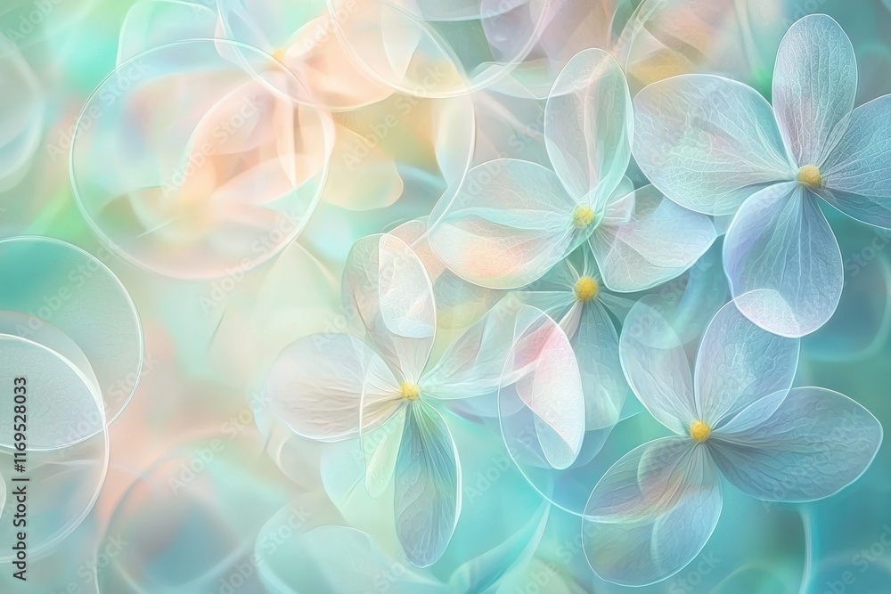 Poster soft airy abstract spring background with overlapping pastel circles and translucent flower motifs