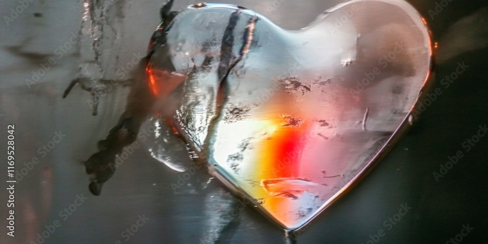 Aufkleber light reflections create enchanting rainbow patterns through a glass heart on a dark surface