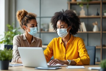 Diverse businessman and businesswoman wearing face masks working in office