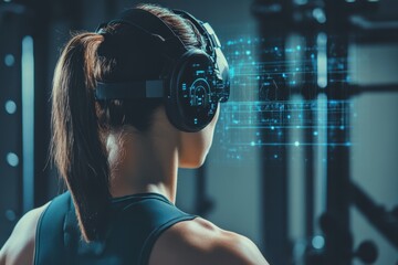 Young woman wearing headphones while training in a modern gym with digital overlays