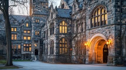 Illuminated Gothic Architecture: A College Building at Dusk