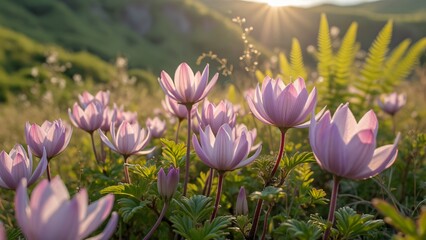 Stunning Pink Flowers Meadow Sunset Landscape