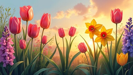 Vibrant Spring Flowers Sunset Meadow Landscape