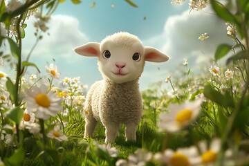 A cute lamb stands in a field of flowers under a bright sky.