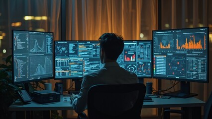 Cybersecurity Analyst Working Late Night on Multiple Monitors Data Analysis
