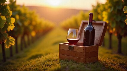 Wine casket with glass in vineyard foreground during golden hour light, Trifon Zarezan
