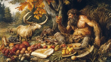 Hairy man, horned animal, autumnal bounty.