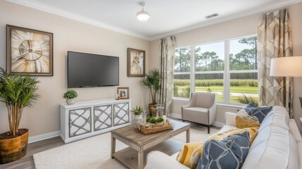Modern Living Room with Natural Light and Tranquil View