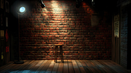 Darkened empty comedy stage with lone bar stool, rustic brick wall, polished wooden floor, and solitary reflector spotlight, awaiting the next performer's talents. Nightspire. Illustration