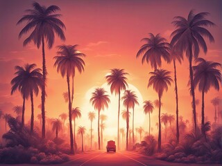 Captivating sunset scene with palm trees, urban street illuminated by warm hues, tranquil atmosphere inviting exploration, ideal for promoting travel, lifestyle, and urban adventure visuals.