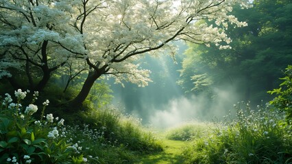 Fototapeta premium Misty Morning in Blooming Dogwood Forest Path