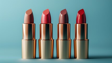 Four lipsticks in nude and red tones with golden cases, beauty essentials for makeup routines, elegant and minimal cosmetic products display, flat lay composition

