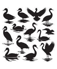 Water Bird Silhouette Collection Featuring Ducks, Swans, and Herons