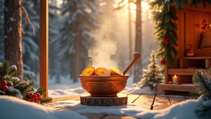 Winter Wonderland- Steaming Orange Bowl on Snowy Porch