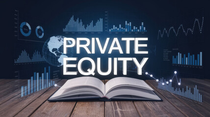 Open book displays Private Equity, surrounded by financial data visualizations..