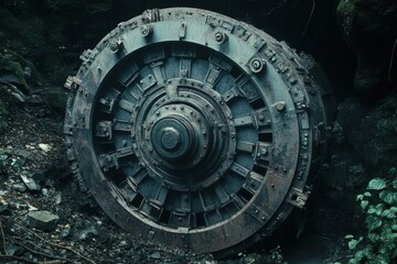 Fototapeta premium Massive, weathered industrial wheel rests in a dark, damp environment.