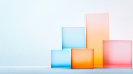   A row of glass blocks rests on a white table beside blue and pink walls, while a white backdrop looms in the distance