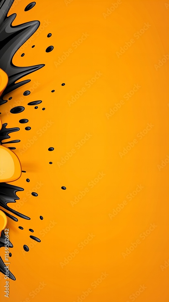 Poster abstract art featuring a dynamic splash of black and orange. bold colors and shapes create a vibrant