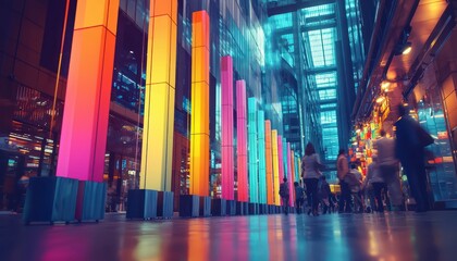 Vibrant bar graph projections in a bustling trade hub.