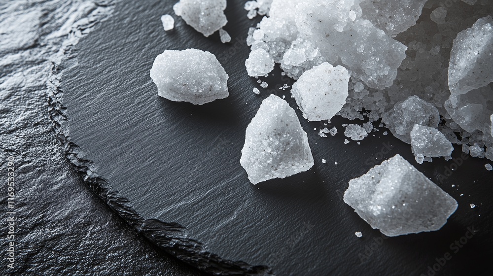 Poster moody close-up of rock salt chunks on a matte slate plate with dramatic lighting creating a high-con