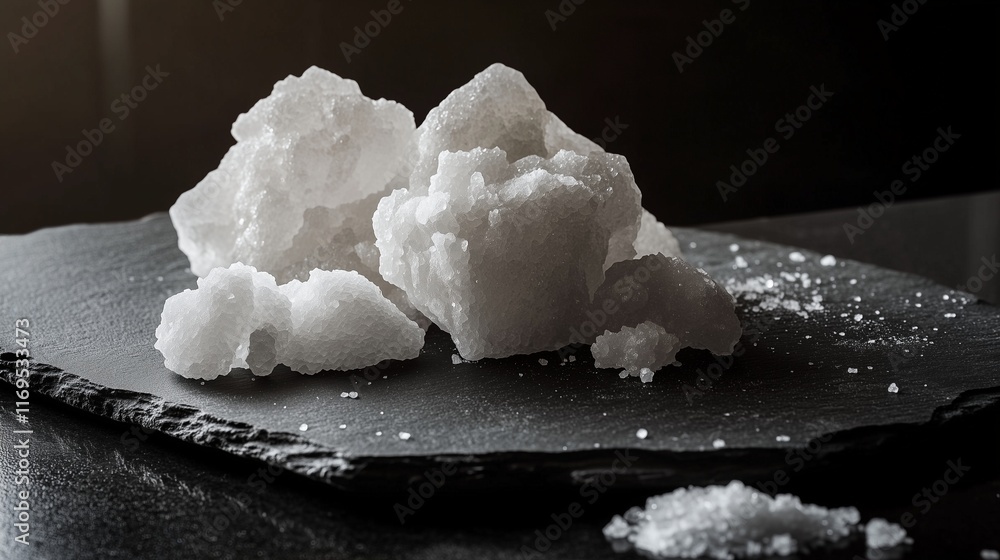Poster moody lighting highlights the intricate textures of rock salt chunks on a slightly reflective slate 