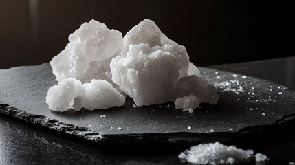 Moody lighting highlights the intricate textures of rock salt chunks on a slightly reflective slate plate. The scene is designed with a significant area for copy space.